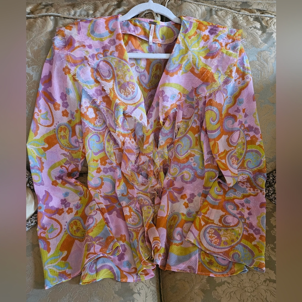 NWOT Free People Paisley Ruffled Front Blouse Pink/Multi